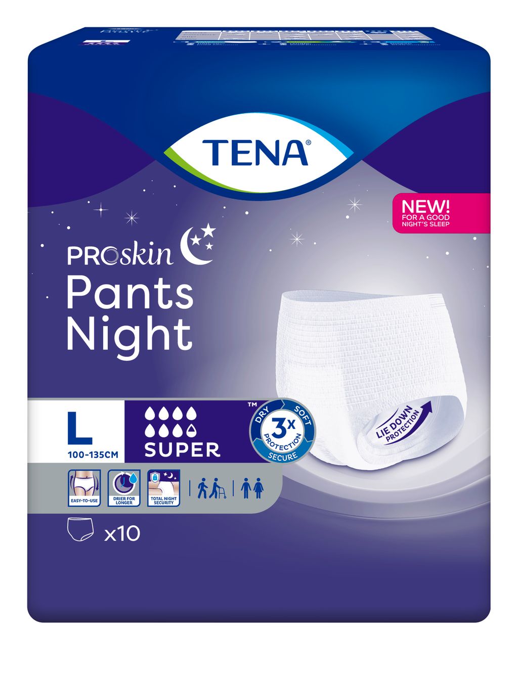 фото упаковки Подгузники-трусы для взрослых Tena Pants Night Super, Large L (3), 100-135 см, 10 шт. фото упаковки Подгузники-трусы для взрослых Tena Pants Night Super