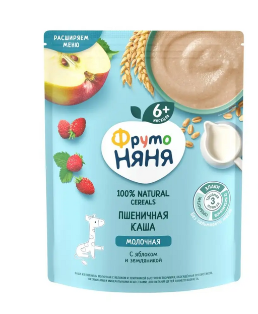 Фрутоняня Каша молочная пшеничная, для детей с 6 месяцев, каша, с яблоком и земляникой, 200 г, 1 шт.